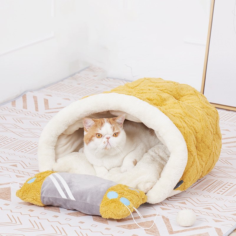 Arctic Fleece Cat Cave Bed with Pillow - Image 4