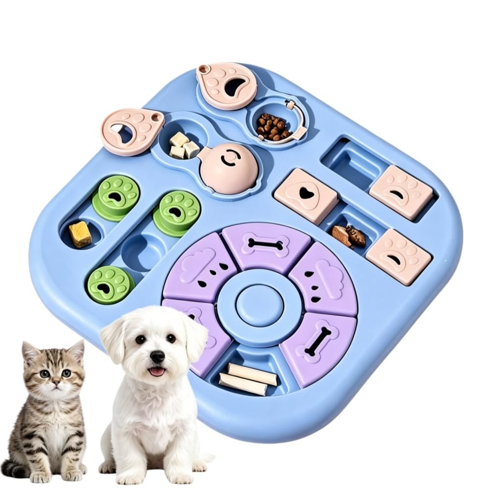 Cat Puzzle Feeder with Sliding Lids and Treat Compartments