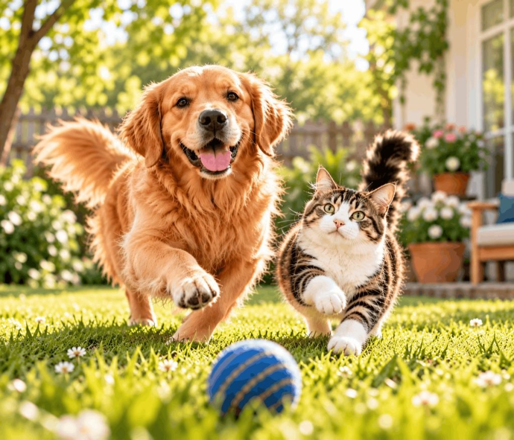 A golden retriever and a tabby cat running across a sunny garden toward a blue ball