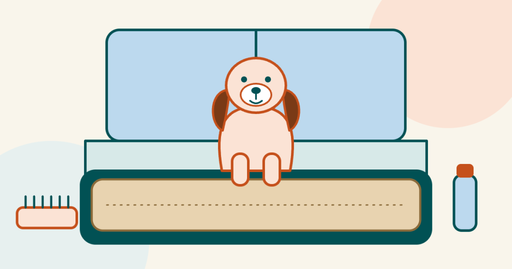 Illustration of a dog sitting on a covered car back seat, with a brush on one side and a water bottle on the other.