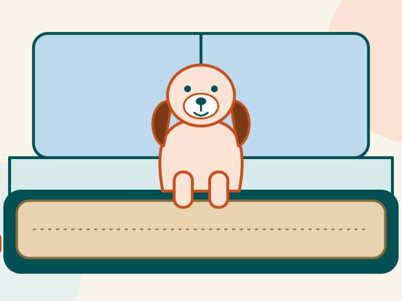 Illustration of a dog sitting on a covered car back seat, with a brush on one side and a water bottle on the other.