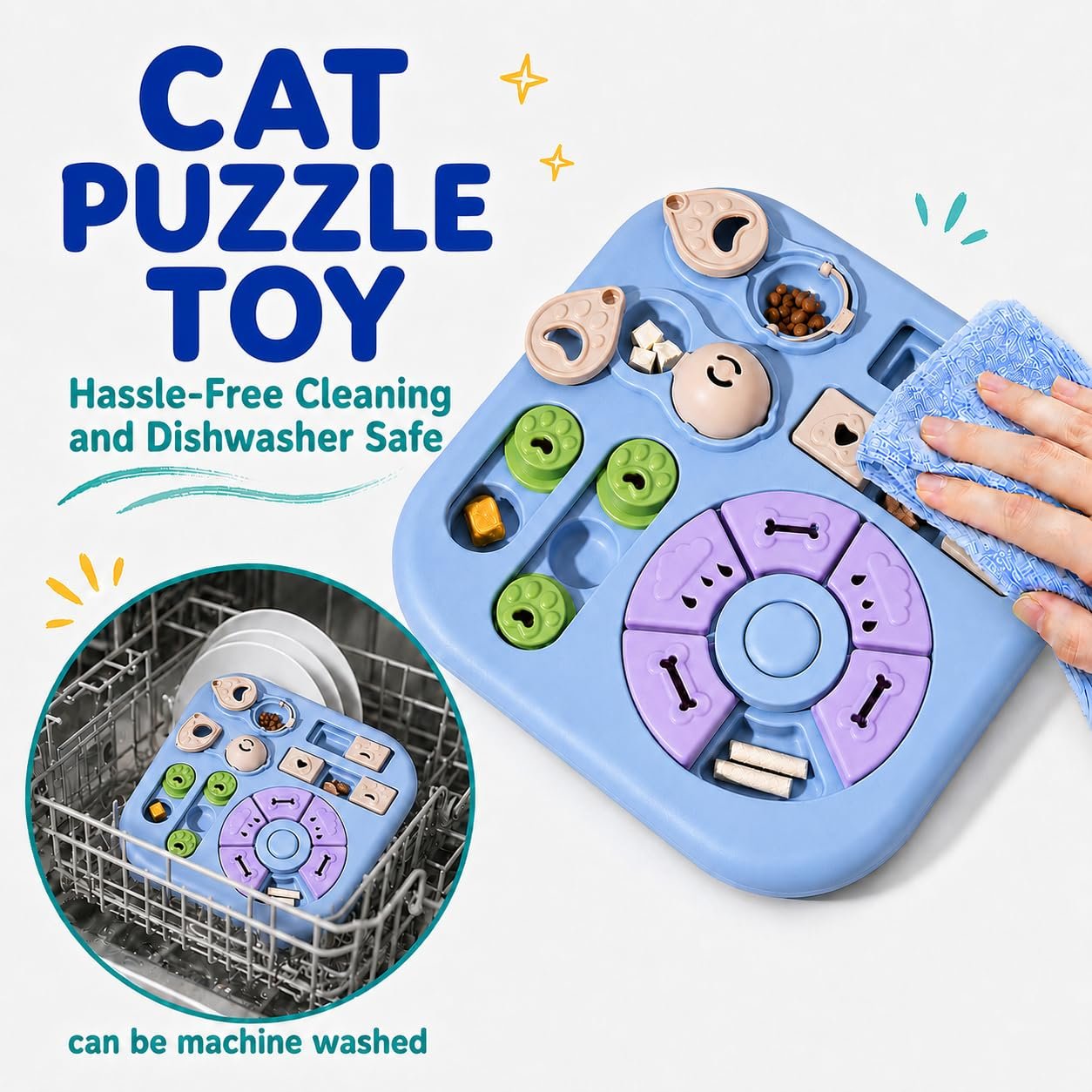 Cat Puzzle Feeder with Sliding Lids and Treat Compartments - Image 2
