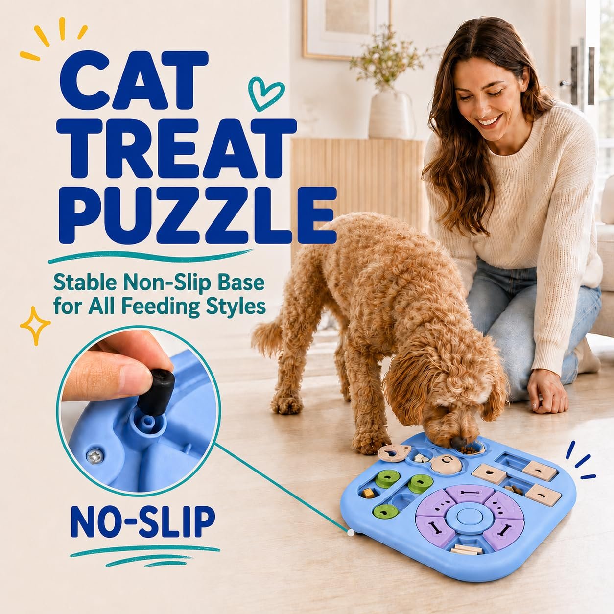 Cat Puzzle Feeder with Sliding Lids and Treat Compartments - Image 4