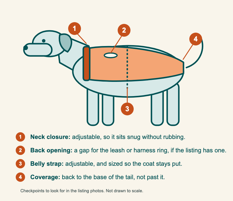 Side view of a dog wearing an orange raincoat with four fit checkpoints numbered: an adjustable neck closure, an opening on the back for a leash, an adjustable belly strap, and coverage ending at the base of the tail.