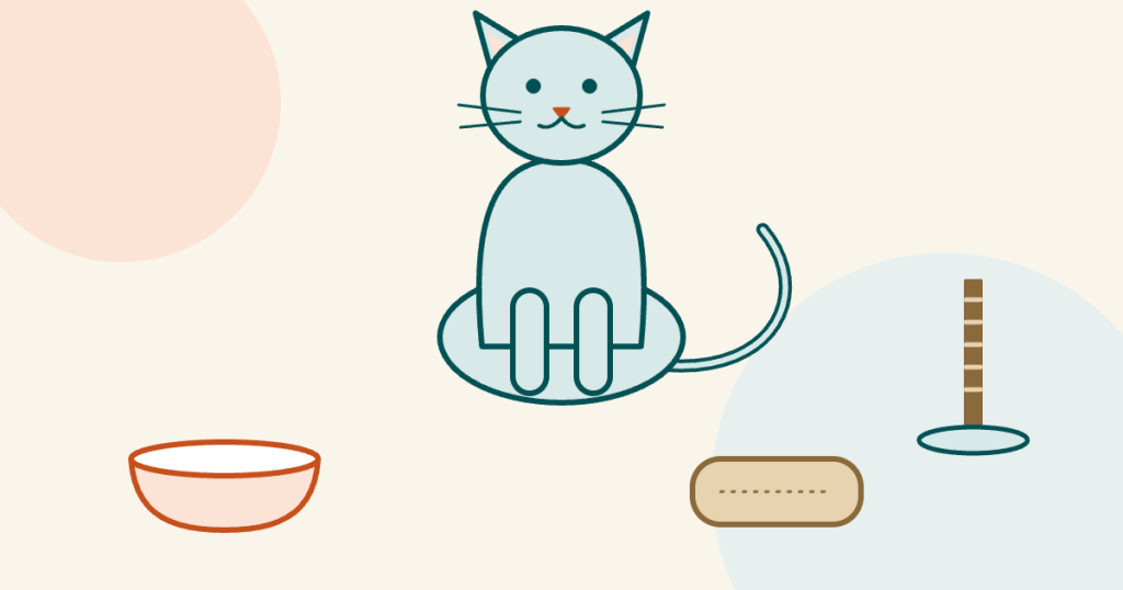 Illustration of a sitting cat with a food bowl on one side and a bed and scratching post on the other.