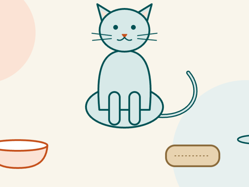 Illustration of a sitting cat with a food bowl on one side and a bed and scratching post on the other.