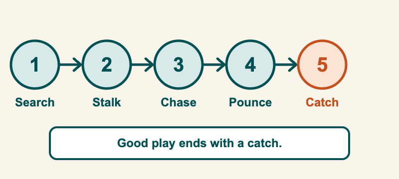 Five circles joined by arrows showing the steps of a cat's hunt: 1 search, 2 stalk, 3 chase, 4 pounce, 5 catch. A note below says good play ends with a catch.