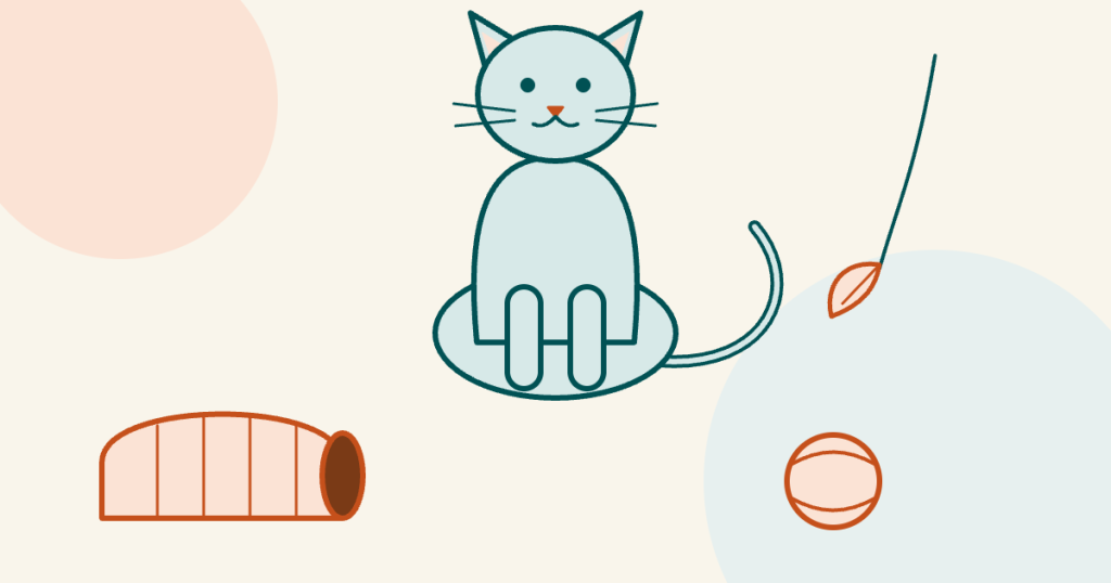Illustration of a sitting cat looking up at a feather toy on a line, with a tunnel on one side and a ball on the other.